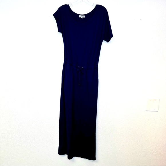 Michael Stars Navy T-Shirt Maxi Dress Side Slit Tie waist Asymmetrical Sleeve XS - Picture 1 of 3